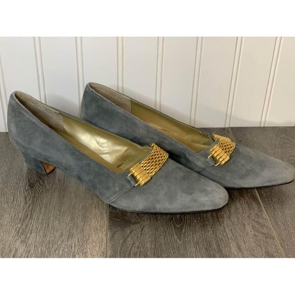 💰BOGO💰Vintage Sesto Meucci Italian Gray Suede Dress Shoes with Gold Strap Acro - Picture 2 of 4